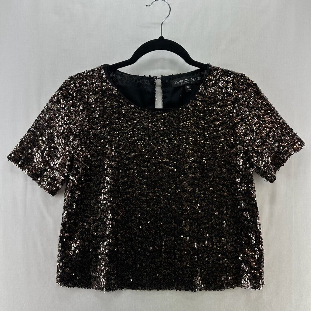 TOPSHOP PETITE Top Womens Size 2 Sequin Embellished Cropped Short Sleeve Black